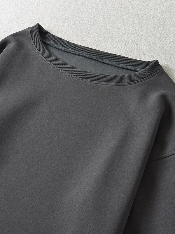 Long Sleeves Loose Solid Color Split-Joint Round-Neck Sweatshirt Tops - Image 24