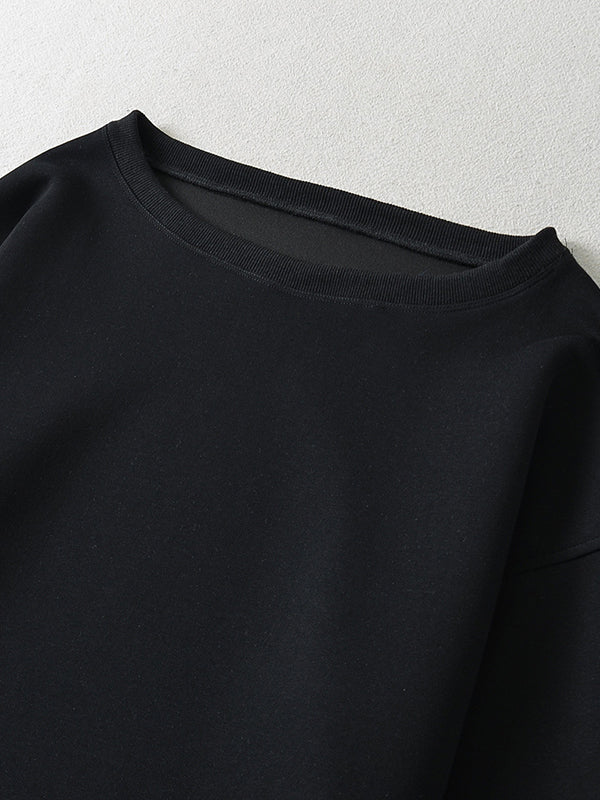 Long Sleeves Loose Solid Color Split-Joint Round-Neck Sweatshirt Tops - Image 27
