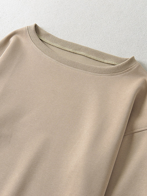 Long Sleeves Loose Solid Color Split-Joint Round-Neck Sweatshirt Tops - Image 29