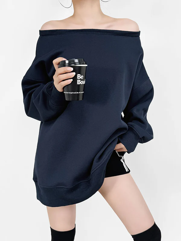 Long Sleeves Loose Solid Color Split-Joint Round-Neck Sweatshirt Tops - Image 3