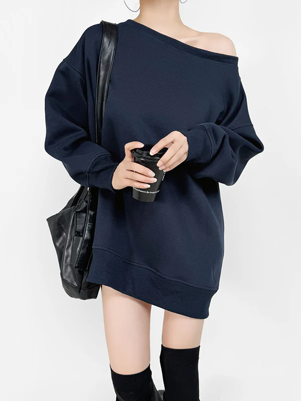 Long Sleeves Loose Solid Color Split-Joint Round-Neck Sweatshirt Tops - Image 4