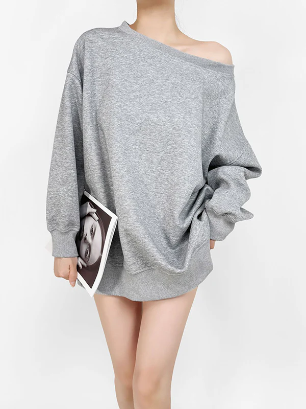 Long Sleeves Loose Solid Color Split-Joint Round-Neck Sweatshirt Tops - Image 5