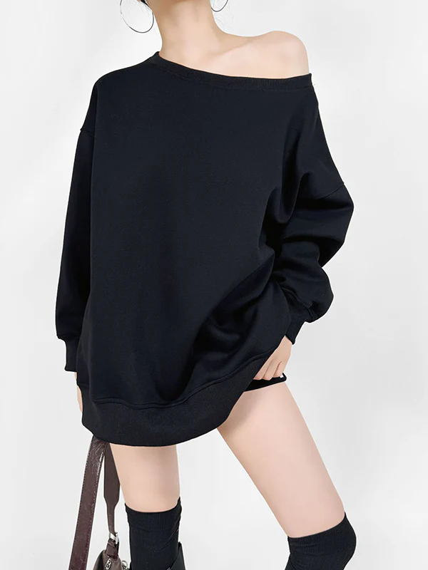 Long Sleeves Loose Solid Color Split-Joint Round-Neck Sweatshirt Tops - Image 8