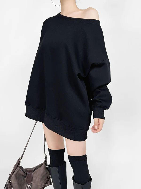 Long Sleeves Loose Solid Color Split-Joint Round-Neck Sweatshirt Tops - Image 9