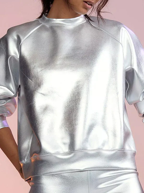 Long Sleeves Loose Solid Color Split-Joint Round-Neck Sweatshirt Tops - Image 3