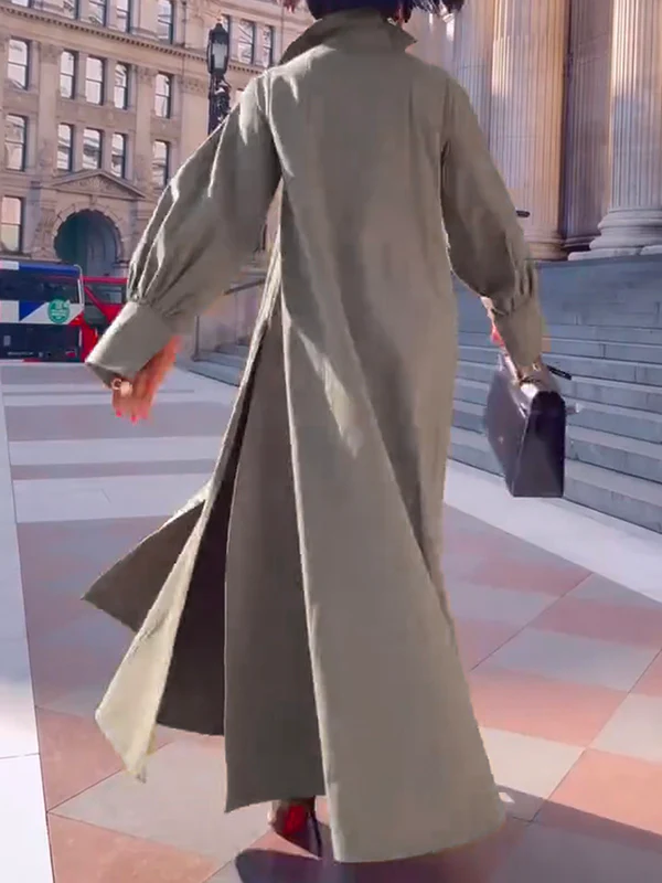 Long Sleeves Loose Solid Color Split-Joint Split-Side Lapel Maxi Dresses Shirt Dress - Image 10