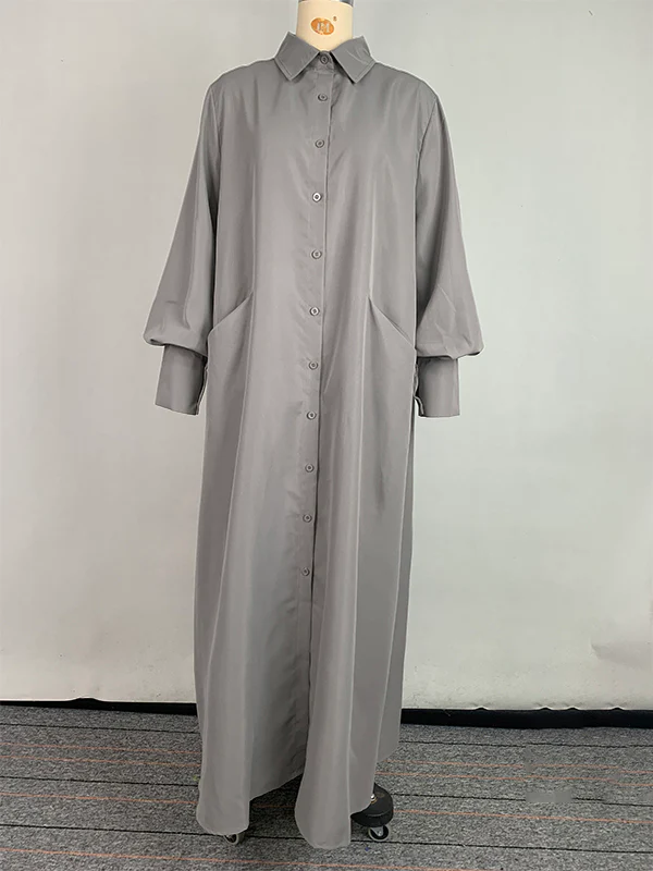 Long Sleeves Loose Solid Color Split-Joint Split-Side Lapel Maxi Dresses Shirt Dress - Image 12