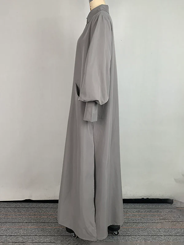 Long Sleeves Loose Solid Color Split-Joint Split-Side Lapel Maxi Dresses Shirt Dress - Image 13