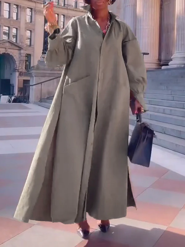 Long Sleeves Loose Solid Color Split-Joint Split-Side Lapel Maxi Dresses Shirt Dress - Image 2