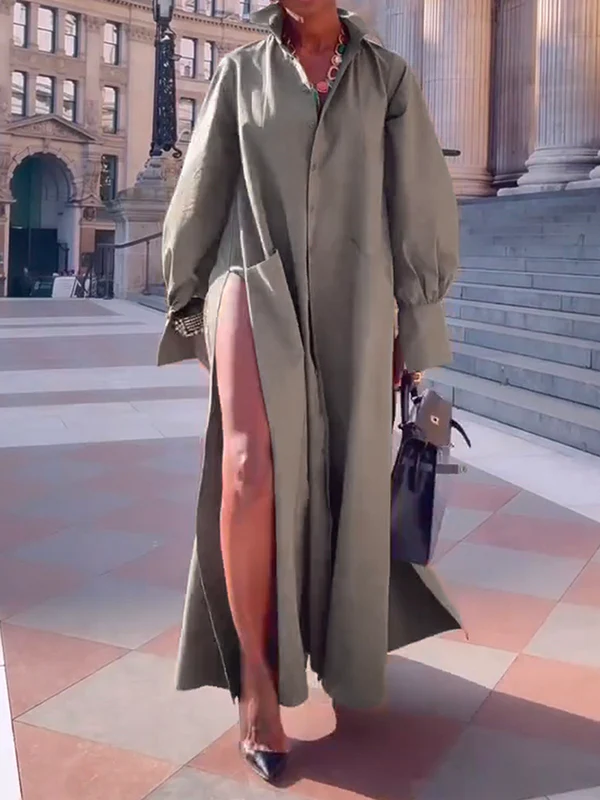 Long Sleeves Loose Solid Color Split-Joint Split-Side Lapel Maxi Dresses Shirt Dress - Image 3