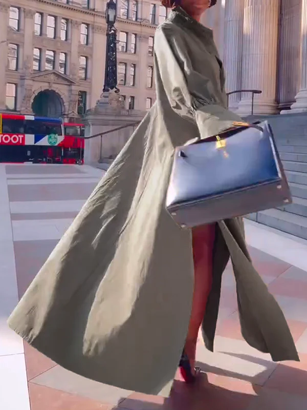 Long Sleeves Loose Solid Color Split-Joint Split-Side Lapel Maxi Dresses Shirt Dress - Image 4
