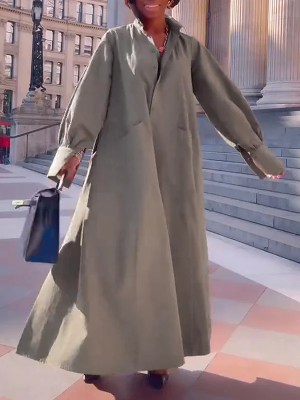 Long Sleeves Loose Solid Color Split-Joint Split-Side Lapel Maxi Dresses Shirt Dress - Image 5