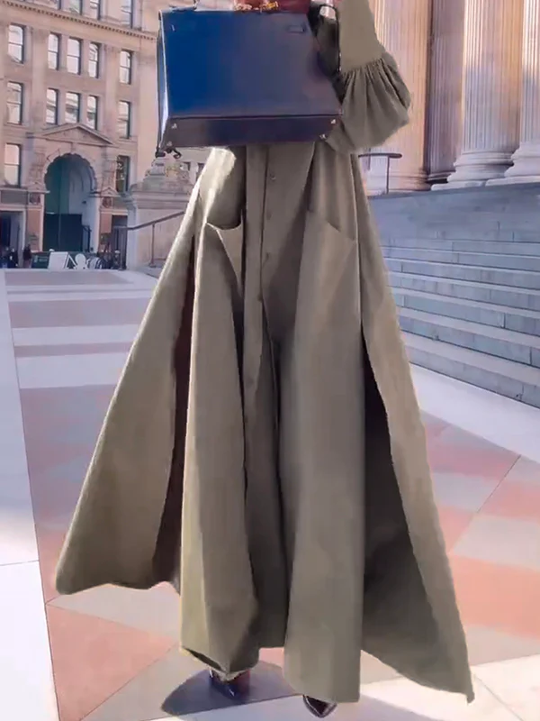 Long Sleeves Loose Solid Color Split-Joint Split-Side Lapel Maxi Dresses Shirt Dress - Image 6