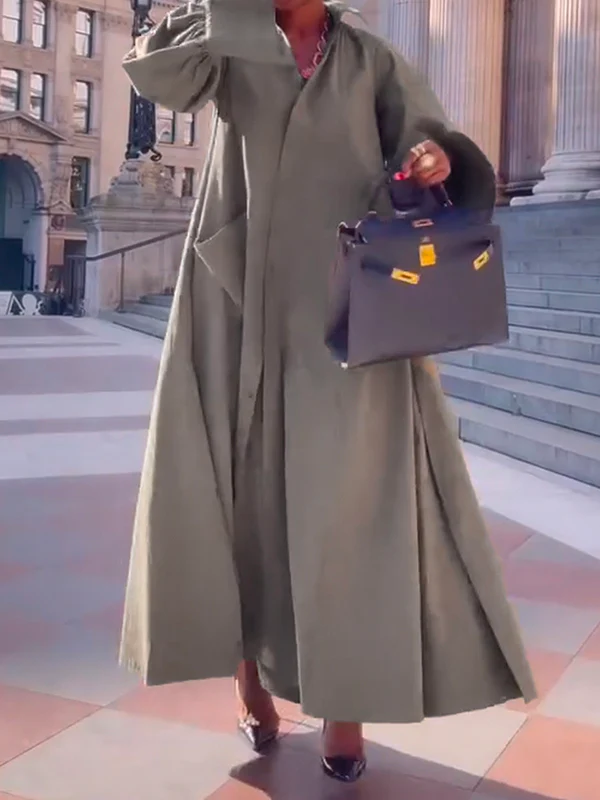 Long Sleeves Loose Solid Color Split-Joint Split-Side Lapel Maxi Dresses Shirt Dress - Image 7