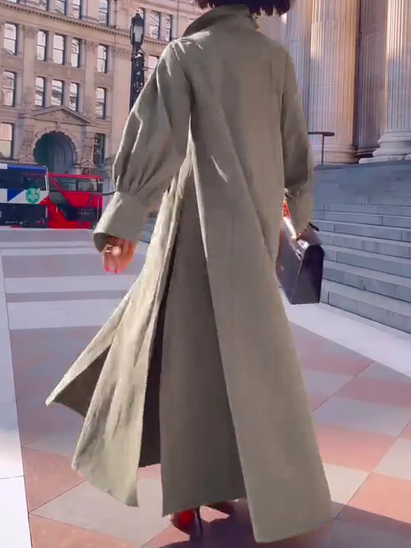 Long Sleeves Loose Solid Color Split-Joint Split-Side Lapel Maxi Dresses Shirt Dress - Image 9