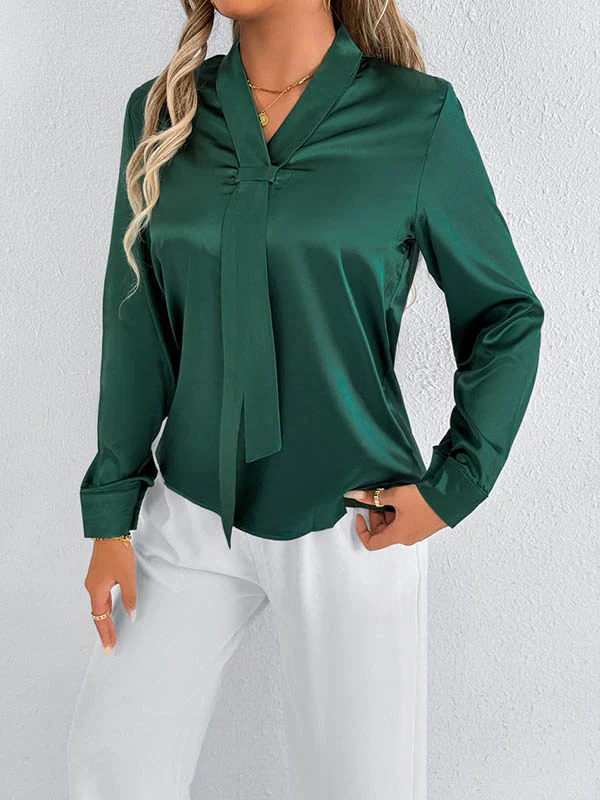 Long Sleeves Loose Solid Color Split-Joint Streamer Scarf Collar Blouses&Shirts Tops - Image 10