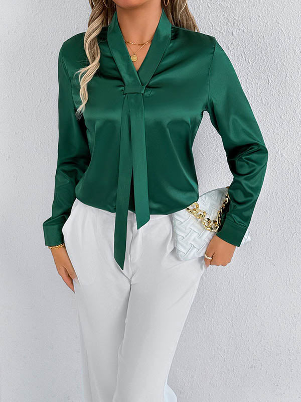 Long Sleeves Loose Solid Color Split-Joint Streamer Scarf Collar Blouses&Shirts Tops - Image 11