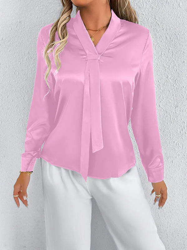 Long Sleeves Loose Solid Color Split-Joint Streamer Scarf Collar Blouses&Shirts Tops - Image 13