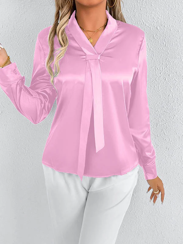 Long Sleeves Loose Solid Color Split-Joint Streamer Scarf Collar Blouses&Shirts Tops - Image 14