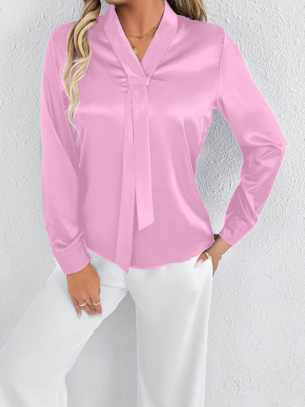 Long Sleeves Loose Solid Color Split-Joint Streamer Scarf Collar Blouses&Shirts Tops - Image 15