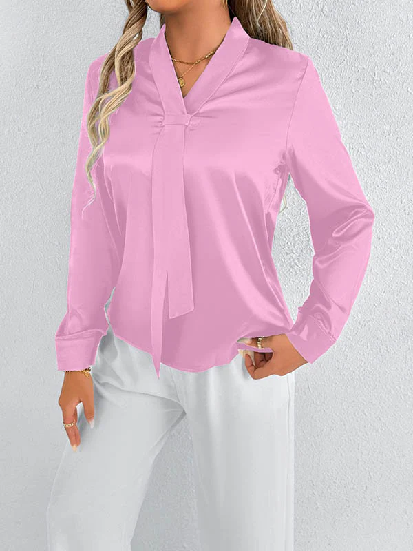 Long Sleeves Loose Solid Color Split-Joint Streamer Scarf Collar Blouses&Shirts Tops - Image 16