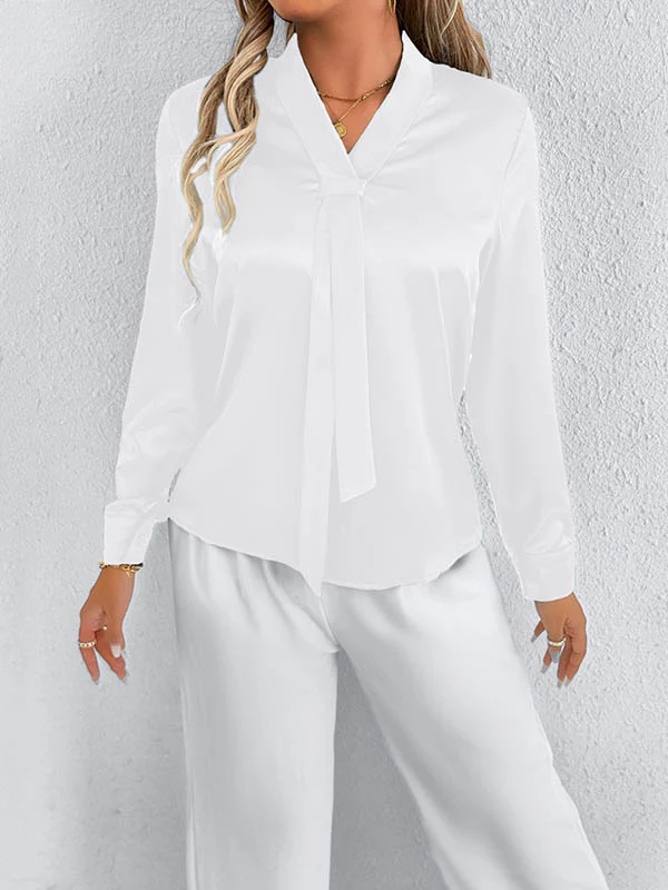 Long Sleeves Loose Solid Color Split-Joint Streamer Scarf Collar Blouses&Shirts Tops - Image 18