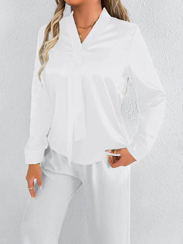 Long Sleeves Loose Solid Color Split-Joint Streamer Scarf Collar Blouses&Shirts Tops - Image 20