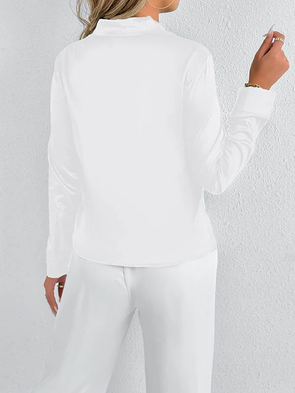 Long Sleeves Loose Solid Color Split-Joint Streamer Scarf Collar Blouses&Shirts Tops - Image 22