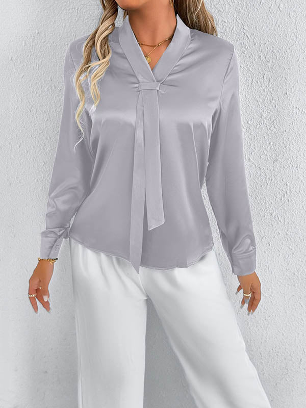 Long Sleeves Loose Solid Color Split-Joint Streamer Scarf Collar Blouses&Shirts Tops - Image 23