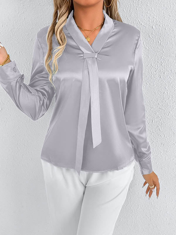 Long Sleeves Loose Solid Color Split-Joint Streamer Scarf Collar Blouses&Shirts Tops - Image 24