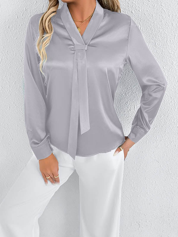 Long Sleeves Loose Solid Color Split-Joint Streamer Scarf Collar Blouses&Shirts Tops - Image 25