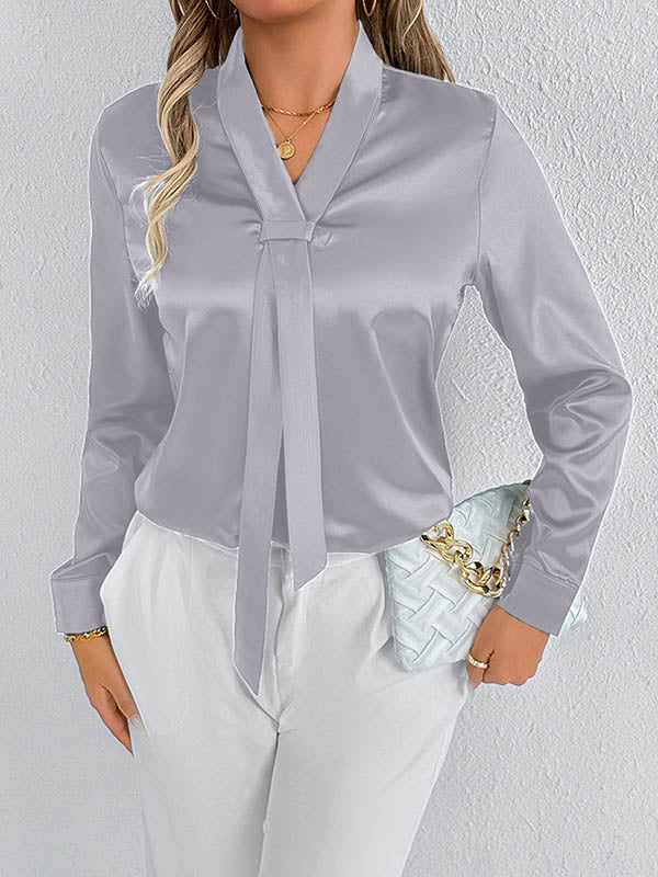 Long Sleeves Loose Solid Color Split-Joint Streamer Scarf Collar Blouses&Shirts Tops - Image 26