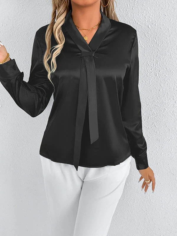 Long Sleeves Loose Solid Color Split-Joint Streamer Scarf Collar Blouses&Shirts Tops - Image 29