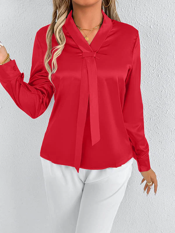Long Sleeves Loose Solid Color Split-Joint Streamer Scarf Collar Blouses&Shirts Tops - Image 3