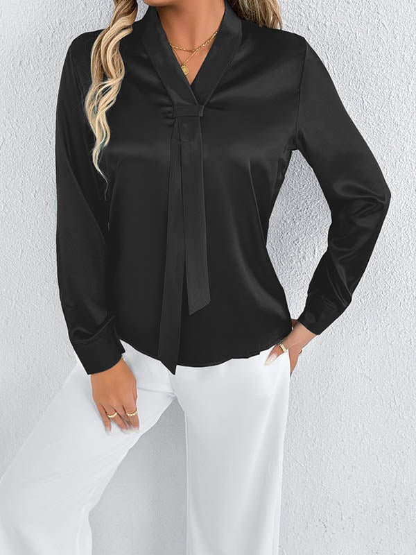 Long Sleeves Loose Solid Color Split-Joint Streamer Scarf Collar Blouses&Shirts Tops - Image 30