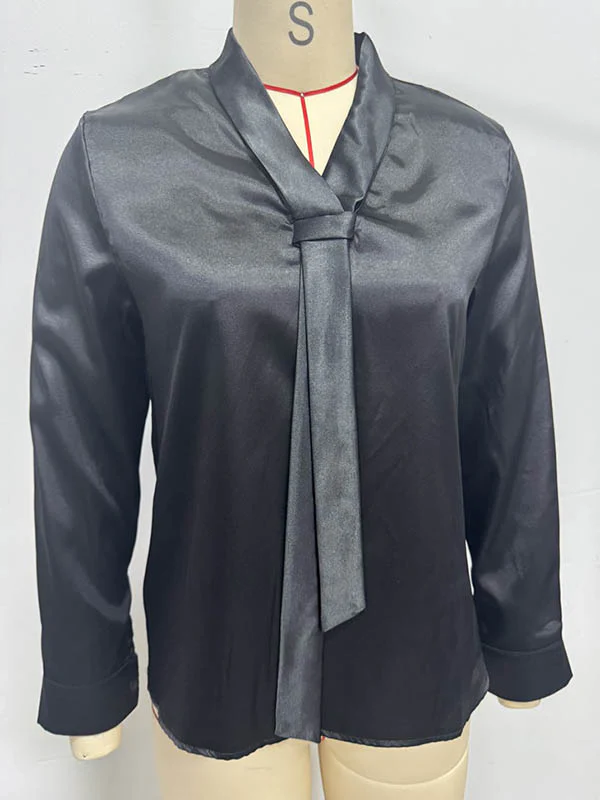Long Sleeves Loose Solid Color Split-Joint Streamer Scarf Collar Blouses&Shirts Tops - Image 32