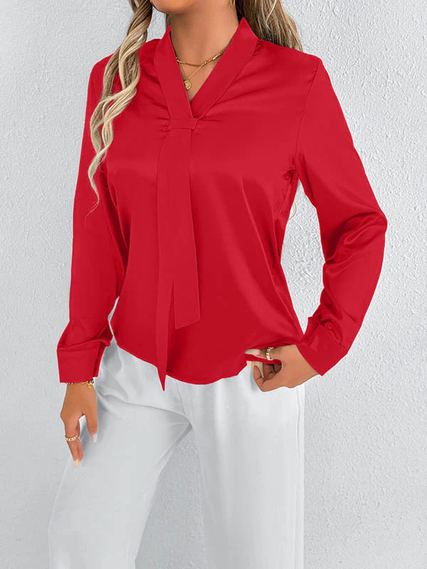 Long Sleeves Loose Solid Color Split-Joint Streamer Scarf Collar Blouses&Shirts Tops - Image 5