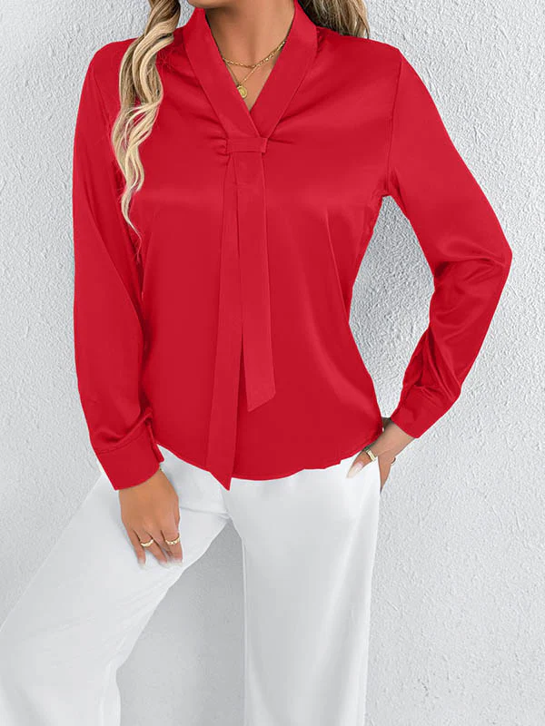 Long Sleeves Loose Solid Color Split-Joint Streamer Scarf Collar Blouses&Shirts Tops - Image 6