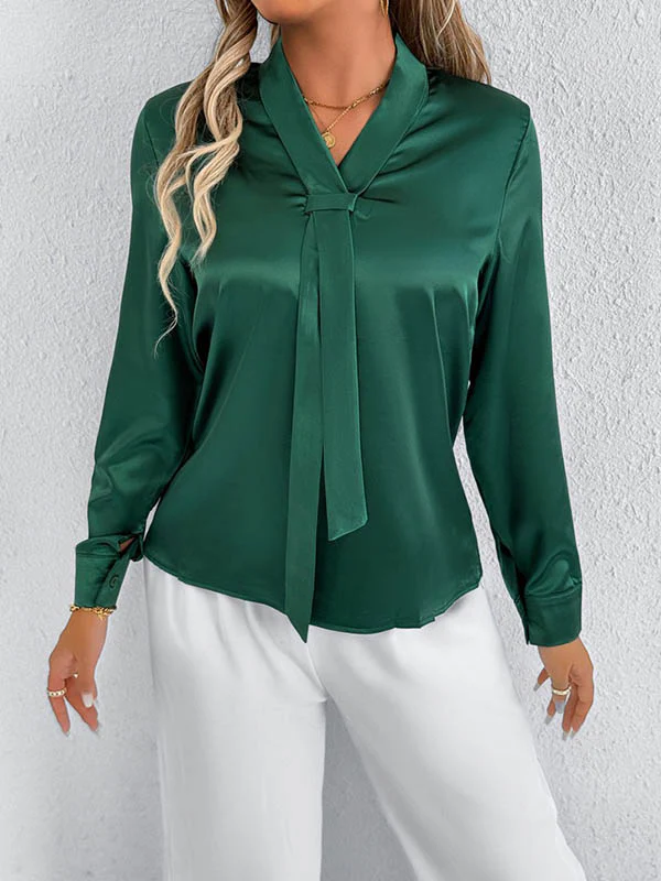 Long Sleeves Loose Solid Color Split-Joint Streamer Scarf Collar Blouses&Shirts Tops - Image 8