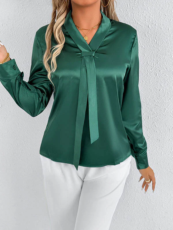 Long Sleeves Loose Solid Color Split-Joint Streamer Scarf Collar Blouses&Shirts Tops - Image 9