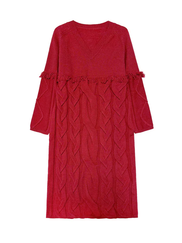 Long Sleeves Loose Solid Color Split-Joint Tasseled V-Neck Midi Dresses Sweater Dresses - Image 10