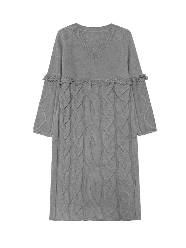 Long Sleeves Loose Solid Color Split-Joint Tasseled V-Neck Midi Dresses Sweater Dresses - Image 11