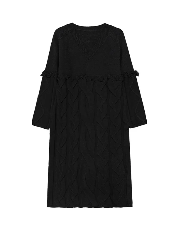 Long Sleeves Loose Solid Color Split-Joint Tasseled V-Neck Midi Dresses Sweater Dresses - Image 12