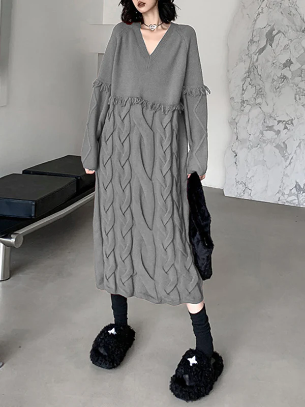 Long Sleeves Loose Solid Color Split-Joint Tasseled V-Neck Midi Dresses Sweater Dresses - Image 2