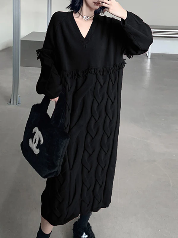 Long Sleeves Loose Solid Color Split-Joint Tasseled V-Neck Midi Dresses Sweater Dresses - Image 3