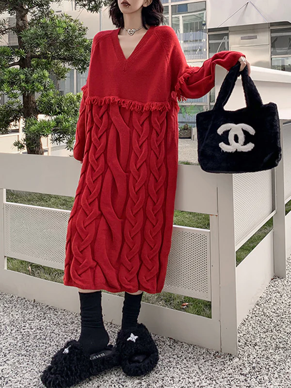 Long Sleeves Loose Solid Color Split-Joint Tasseled V-Neck Midi Dresses Sweater Dresses - Image 4