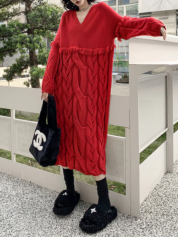 Long Sleeves Loose Solid Color Split-Joint Tasseled V-Neck Midi Dresses Sweater Dresses - Image 5