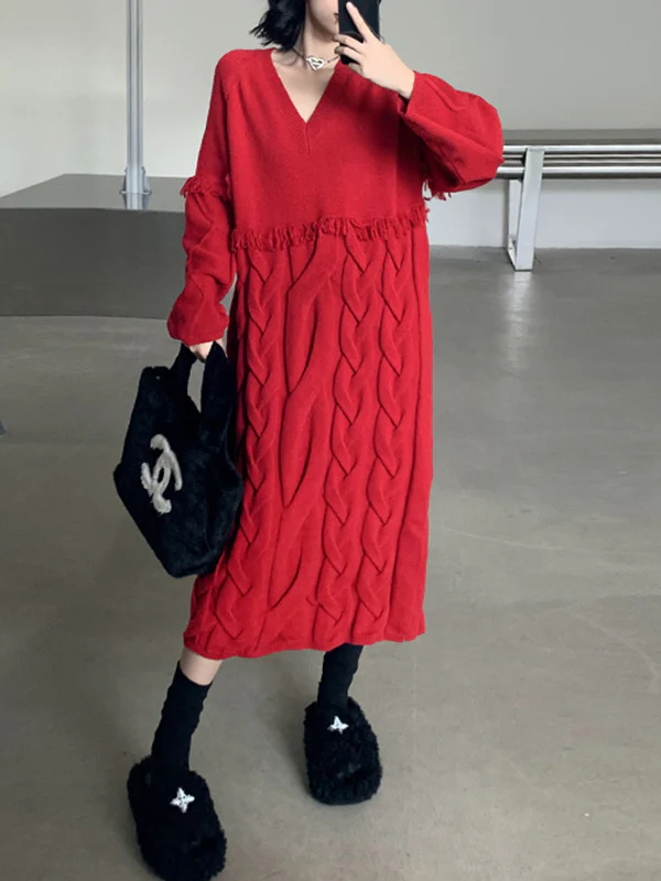 Long Sleeves Loose Solid Color Split-Joint Tasseled V-Neck Midi Dresses Sweater Dresses - Image 6