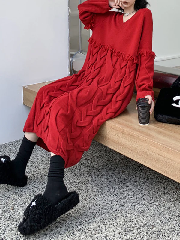 Long Sleeves Loose Solid Color Split-Joint Tasseled V-Neck Midi Dresses Sweater Dresses - Image 7