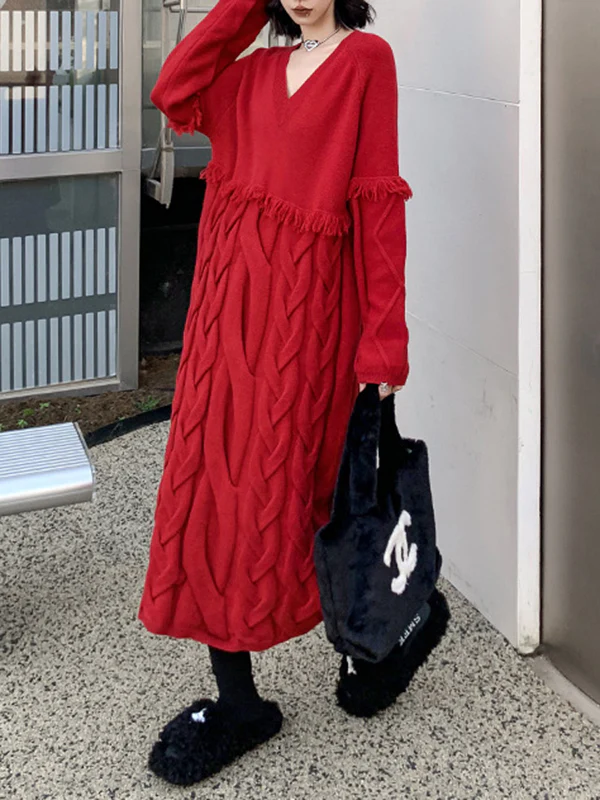 Long Sleeves Loose Solid Color Split-Joint Tasseled V-Neck Midi Dresses Sweater Dresses - Image 8